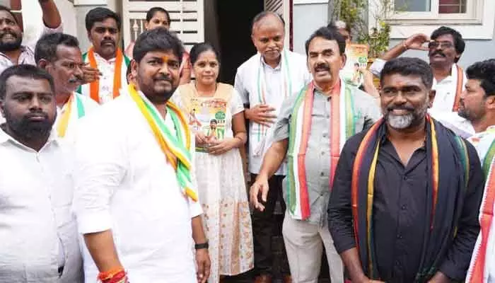 Minister Jupalli Krishnarao campaigns door-to-door in Jubilee Hills by-election to support Congress candidate Naveen Yadav.