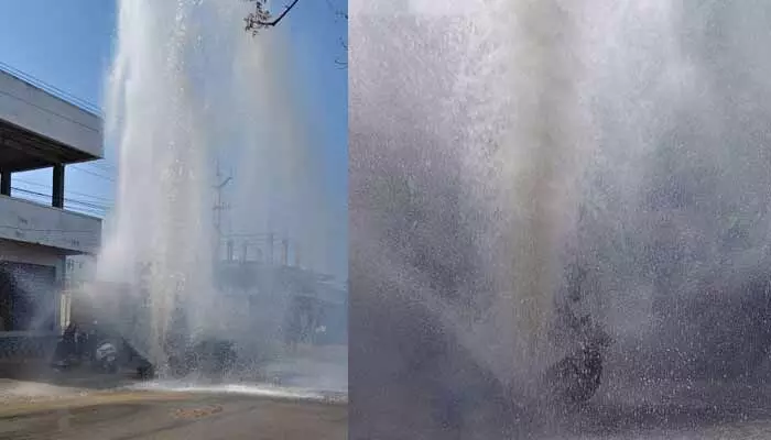 A Mission Bhagiratha pipeline burst in Gajulapeta near Nirmal caused water to flood the roads, disrupting traffic and power supply.