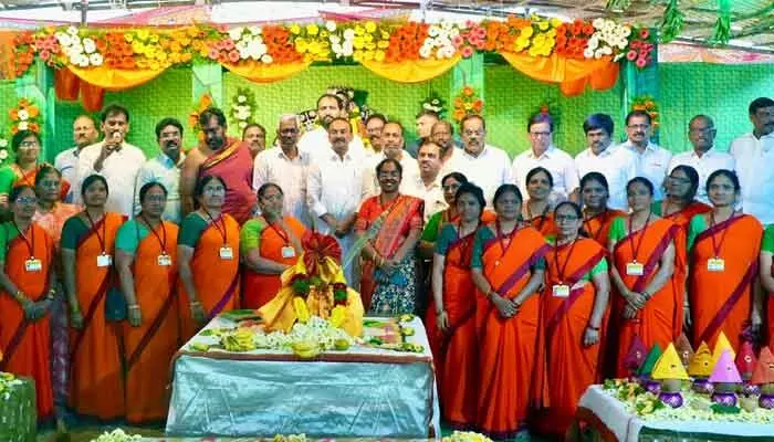 Pratyangira Devi worship celebrations held in Malkajgiri. MP Etela Rajender addressed devotees during the grand rituals.