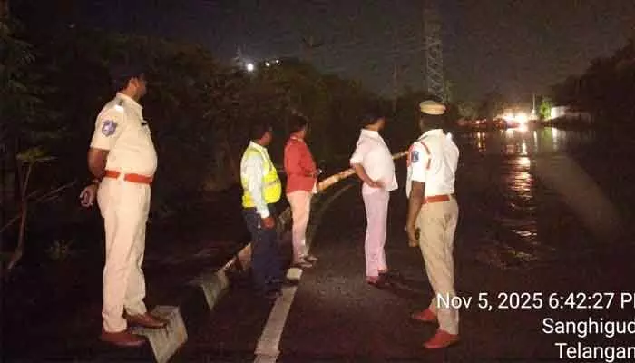 Shamshabad lake overflowed onto ORR service roads; drivers advised to use alternate routes.